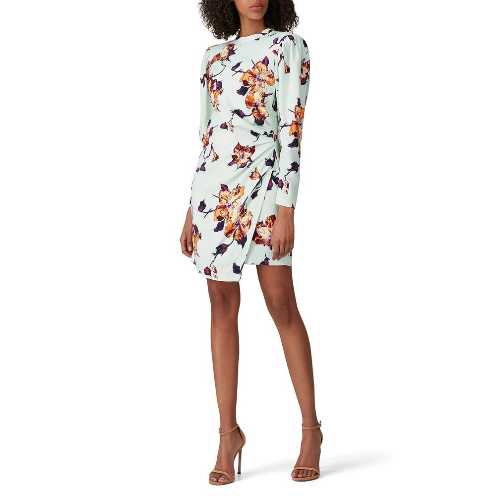 NWT A.L.C. Jane Dress Mint Orange Floral Size 2 Ruched Long Sleeve Mini Dress